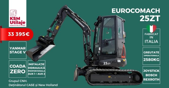 Mini excavator Eurocomach 25ZT: Performanță italiană de top cu design coadă zero