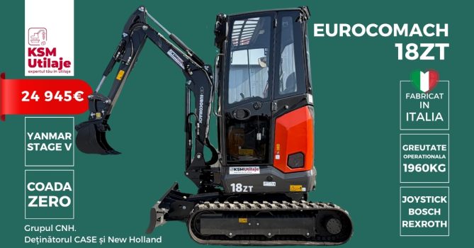 Mini Excavator Eurocomach 18ZT | Coadă Zero & Ecartament Variabil | KSM